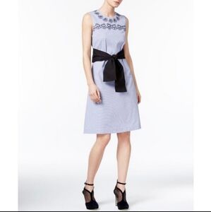 Yigal Azrouel Dress Embroidered Blue and White Pinstripes Midi Size Small